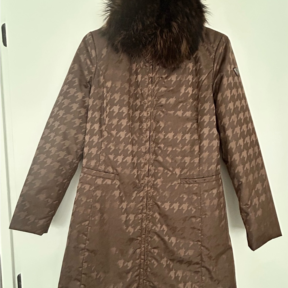 POST CARD Brown Quilted Trench Coat with Fur Collar